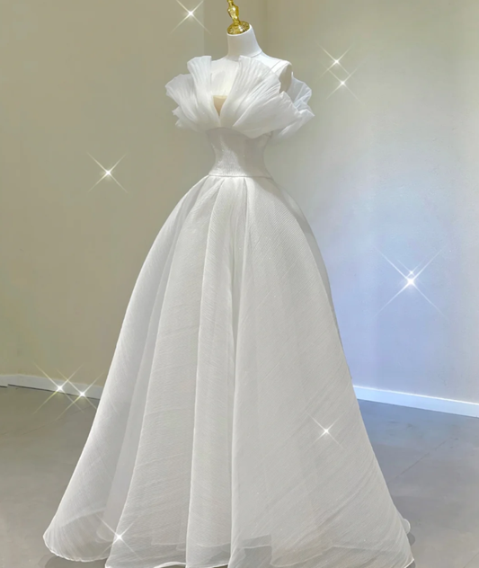 Vestido de novia atemporal, sin tirantes, largo, de tul blanco, con cola larga, DP412