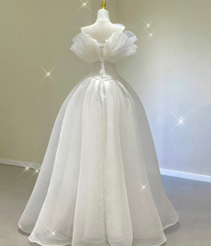 Vestido de novia atemporal, sin tirantes, largo, de tul blanco, con cola larga, DP412