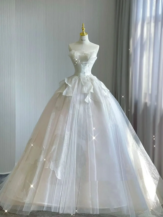 Vestido de novia atemporal, sin tirantes, largo, de tul blanco, con cola larga, DP414