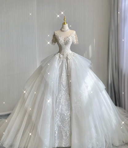 Vestido de novia blanco largo con escote alto y encaje, único, para verano, DP416