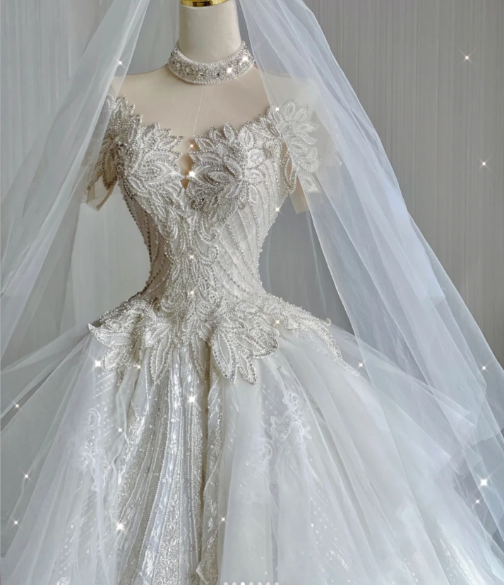 Vestido de novia blanco largo con escote alto y encaje, único, para verano, DP416