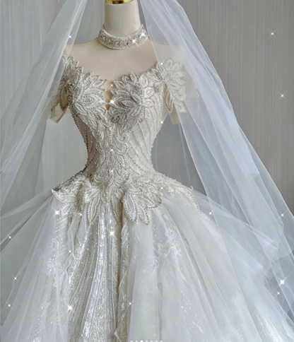 Vestido de novia blanco largo con escote alto y encaje, único, para verano, DP416