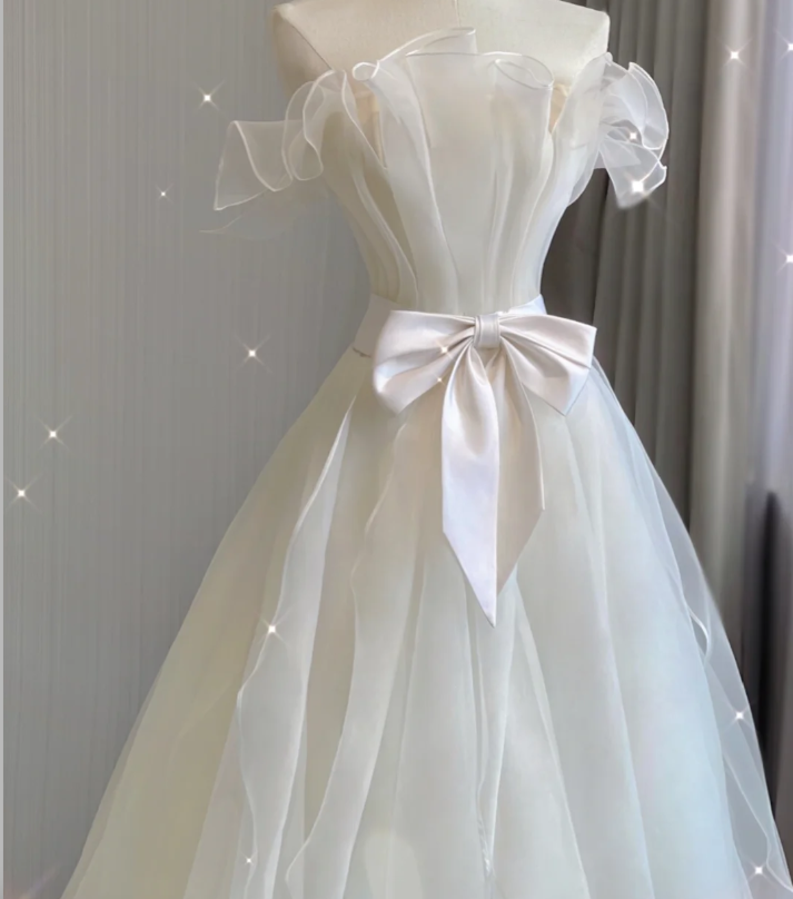 Vestido de novia de verano blanco, largo, sin tirantes, de tul, estilo atemporal, DP417