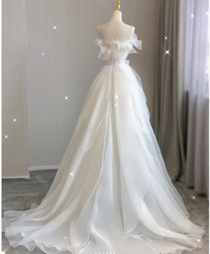Vestido de novia de verano blanco, largo, sin tirantes, de tul, estilo atemporal, DP417