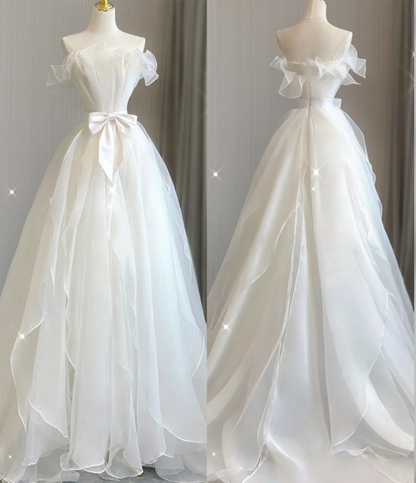 Vestido de novia de verano blanco, largo, sin tirantes, de tul, estilo atemporal, DP417