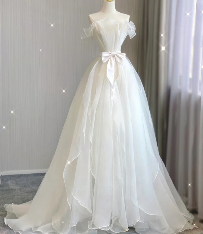 Vestido de novia de verano blanco, largo, sin tirantes, de tul, estilo atemporal, DP417