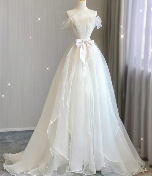 Vestido de novia de verano blanco, largo, sin tirantes, de tul, estilo atemporal, DP417