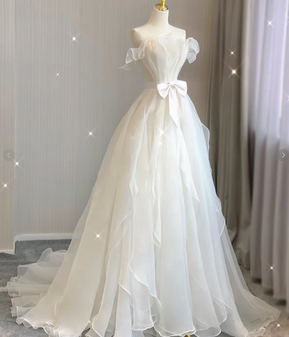 Vestido de novia de verano blanco, largo, sin tirantes, de tul, estilo atemporal, DP417
