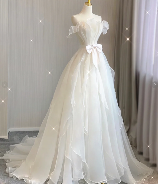 Vestido de novia de verano blanco, largo, sin tirantes, de tul, estilo atemporal, DP417