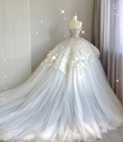 Vestido de novia blanco largo con lentejuelas y escote corazón, único, DP418