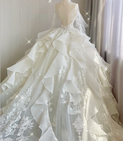 Vestido de novia blanco único con escote redondo y encaje, mangas largas, DP419