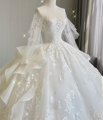 Vestido de novia blanco único con escote redondo y encaje, mangas largas, DP419