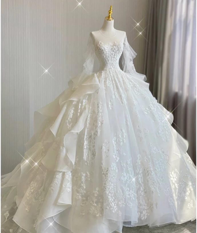 Vestido de novia blanco único con escote redondo y encaje, mangas largas, DP419