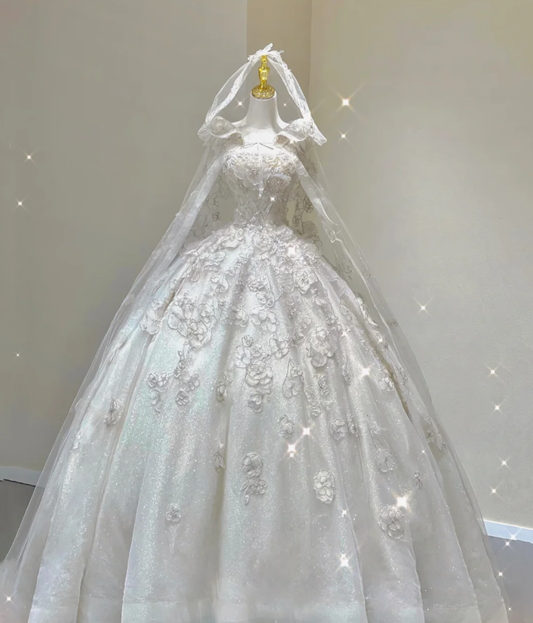 Vestido de novia blanco largo con encaje y escote cuadrado, único, DP421