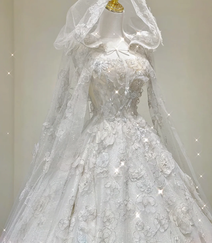 Vestido de novia blanco largo con encaje y escote cuadrado, único, DP421