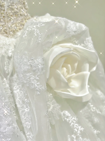 Vestido de novia blanco largo con escote cuadrado y encaje de ensueño DP422