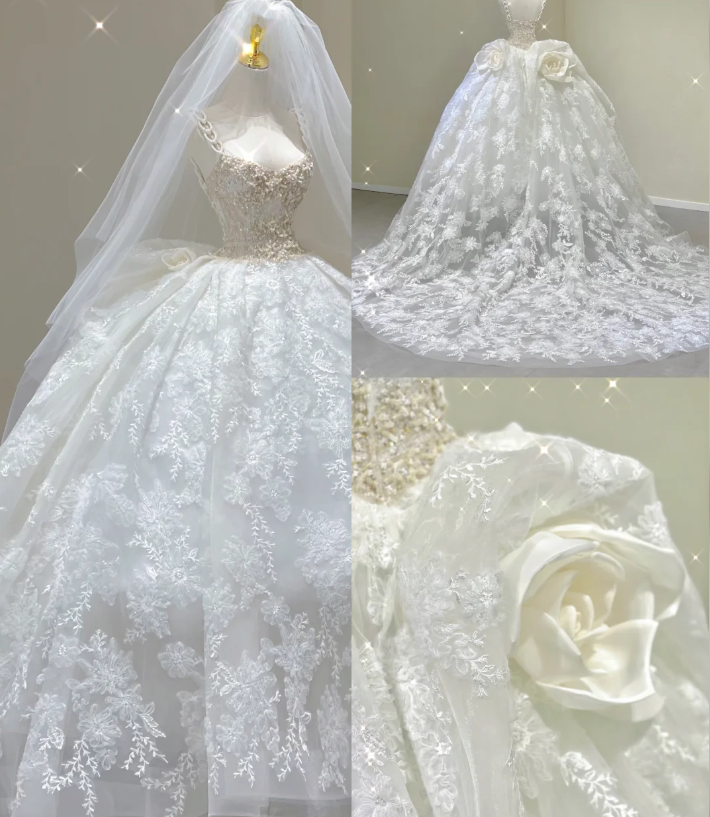 Vestido de novia blanco largo con escote cuadrado y encaje de ensueño DP422