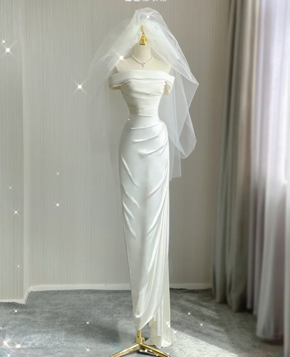 Vestido de novia blanco de satén con hombros descubiertos y corte entallado, para verano, DP424