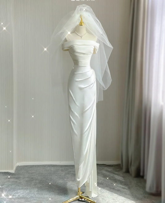 Vestido de novia blanco de satén con hombros descubiertos y corte entallado, para verano, DP424