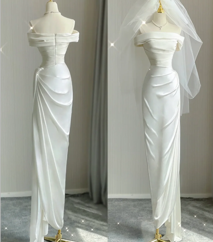 Vestido de novia blanco de satén con hombros descubiertos y corte entallado, para verano, DP424