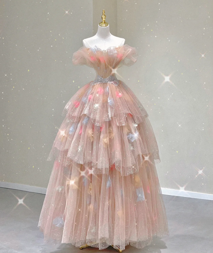 Vestido de fiesta modesto con hombros descubiertos, largo, rosa, para graduación, de noche, DP425