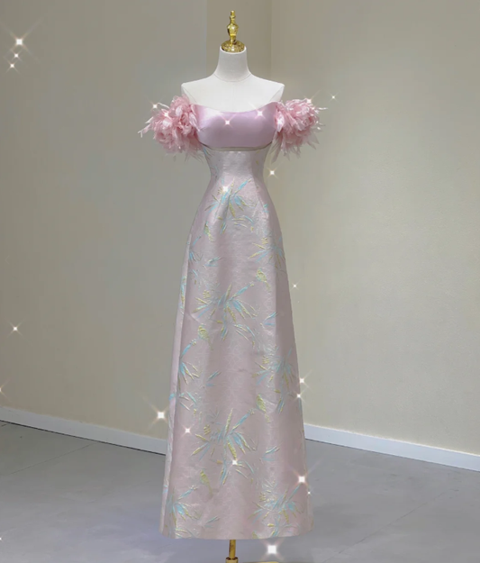Vestido de noche elegante de satén rosa con hombros descubiertos para escuela secundaria, vestidos largos de graduación DP426