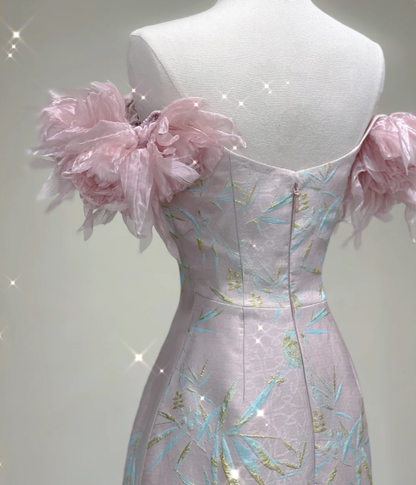 Vestido de noche elegante de satén rosa con hombros descubiertos para escuela secundaria, vestidos largos de graduación DP426