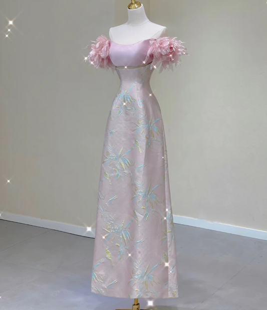 Vestido de noche elegante de satén rosa con hombros descubiertos para escuela secundaria, vestidos largos de graduación DP426