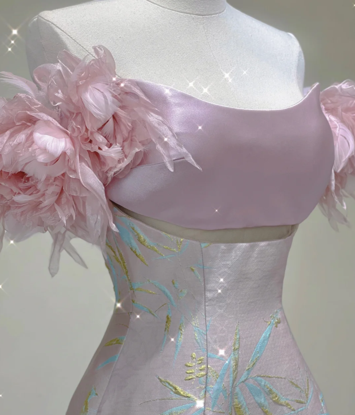 Vestido de noche elegante de satén rosa con hombros descubiertos para escuela secundaria, vestidos largos de graduación DP426