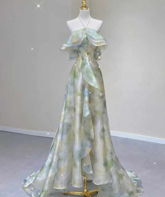 Vestido de noche elegante de gasa, corte A, sin mangas, estilo halter, para escuela secundaria, largo, verde, para fiesta, DP427