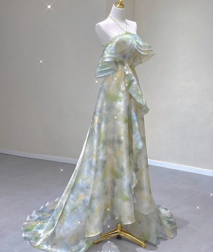 Vestido de noche elegante de gasa, corte A, sin mangas, estilo halter, para escuela secundaria, largo, verde, para fiesta, DP427