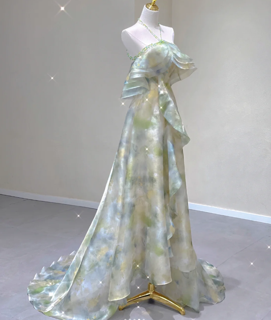 Vestido de noche elegante de gasa, corte A, sin mangas, estilo halter, para escuela secundaria, largo, verde, para fiesta, DP427