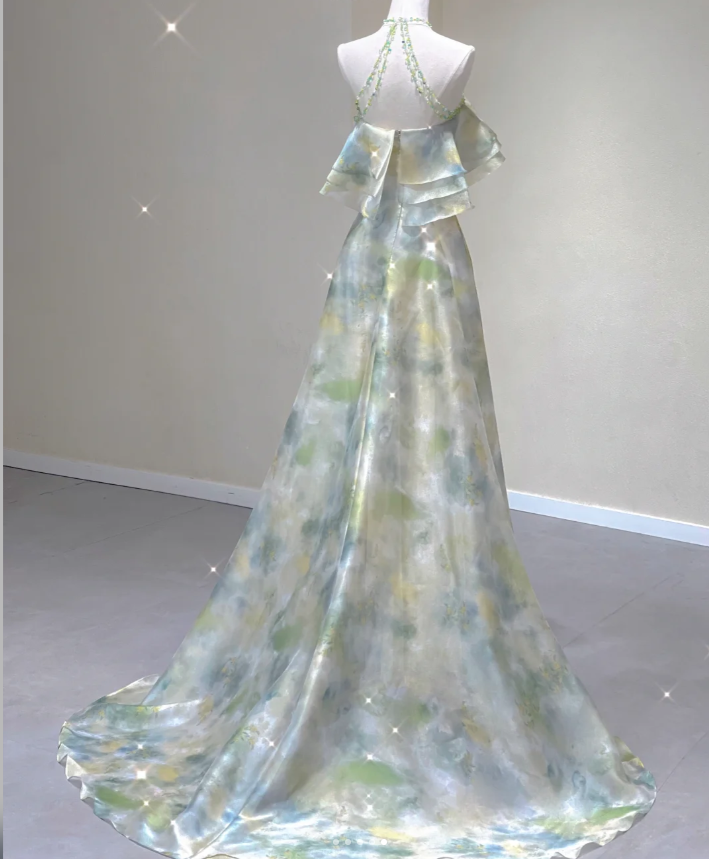 Vestido de noche elegante de gasa, corte A, sin mangas, estilo halter, para escuela secundaria, largo, verde, para fiesta, DP427