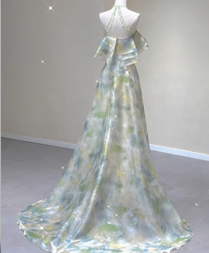 Vestido de noche elegante de gasa, corte A, sin mangas, estilo halter, para escuela secundaria, largo, verde, para fiesta, DP427