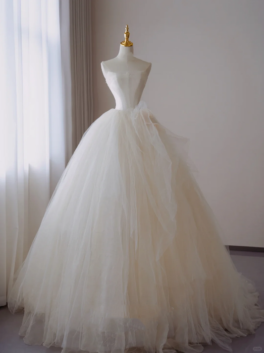 Vestido de novia atemporal, sin tirantes, largo, de tul blanco, con cola larga, DP435