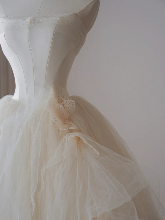 Vestido de novia atemporal, sin tirantes, largo, de tul blanco, con cola larga, DP435