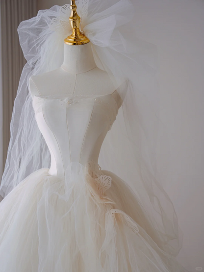 Vestido de novia atemporal, sin tirantes, largo, de tul blanco, con cola larga, DP435