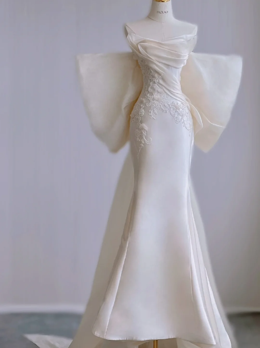 Vestido de novia de verano de satén largo sin tirantes de sirena de ensueño DP436