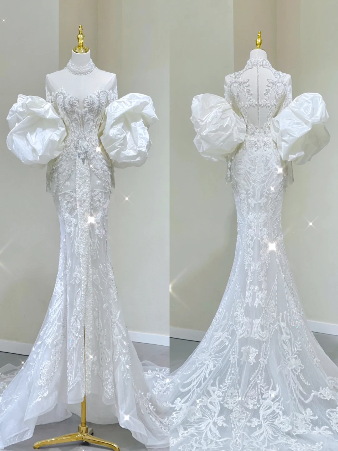 Vestido de novia de lujo con escote sirena, mangas largas y encaje blanco, DP437