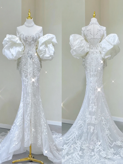Vestido de novia de lujo con escote sirena, mangas largas y encaje blanco, DP437