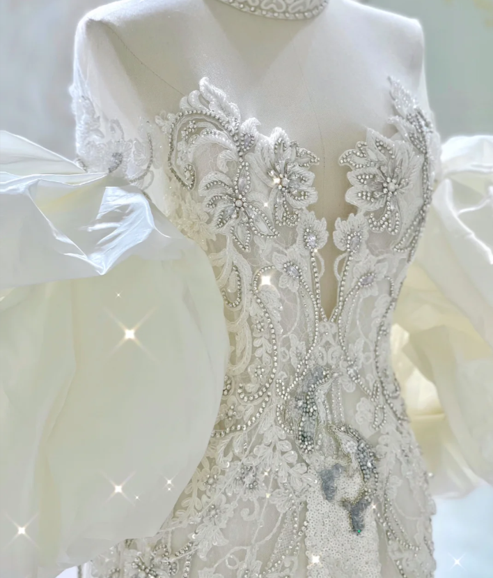 Vestido de novia de lujo con escote sirena, mangas largas y encaje blanco, DP437