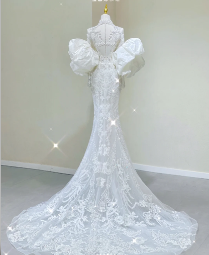 Vestido de novia de lujo con escote sirena, mangas largas y encaje blanco, DP437