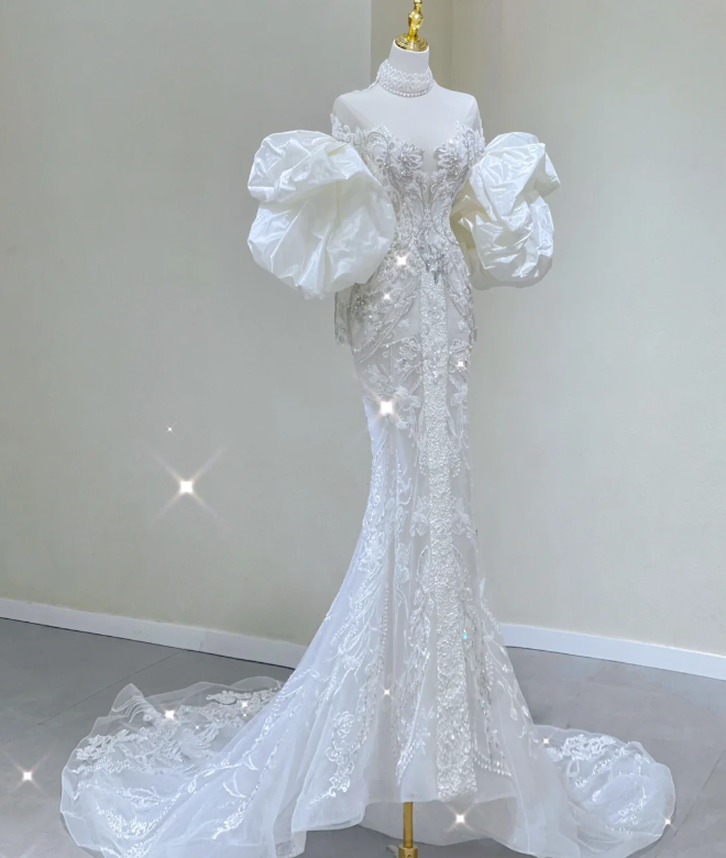 Vestido de novia de lujo con escote sirena, mangas largas y encaje blanco, DP437