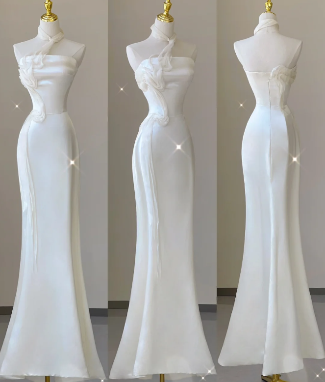 Classy Elegant Mermaid One Shoulder White Long Satin Wedding Dresses Brides Dress DP462