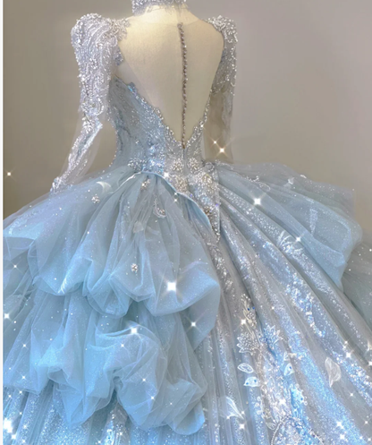 Timeless Ball Gown V Neckline Sequin Blue Long Sleeves Wedding Dresses Brides Dress DP465