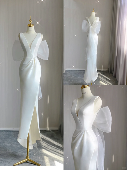Vestido de novia blanco largo con escote en V y corte sirena sencillo para verano DP473