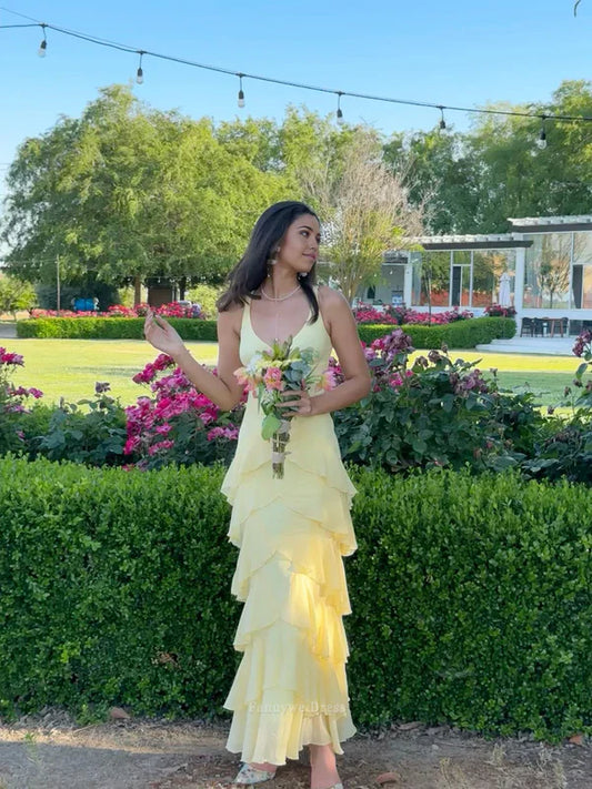 Elegante vestido de sirena con escote en V y gradas en amarillo claro, largo y formal, para dama de honor, fiesta, DP485