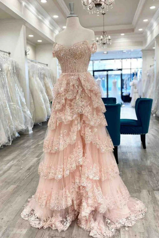 Hermoso vestido de fiesta largo de encaje rosa con abertura alta y cola, hombros descubiertos, vestido formal rosa con hombros descubiertos, vestido de graduación DP489