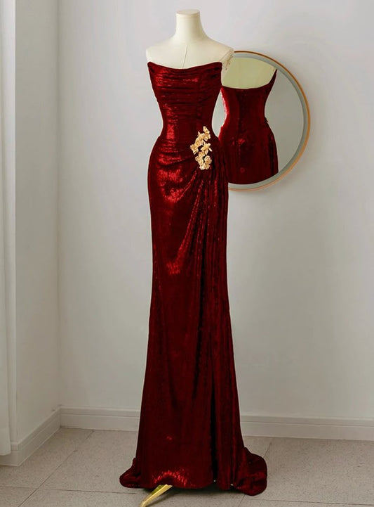 Vestido de fiesta elegante con lentejuelas burdeos, sin tirantes y pliegues, vestido de dama de honor largo formal DP491