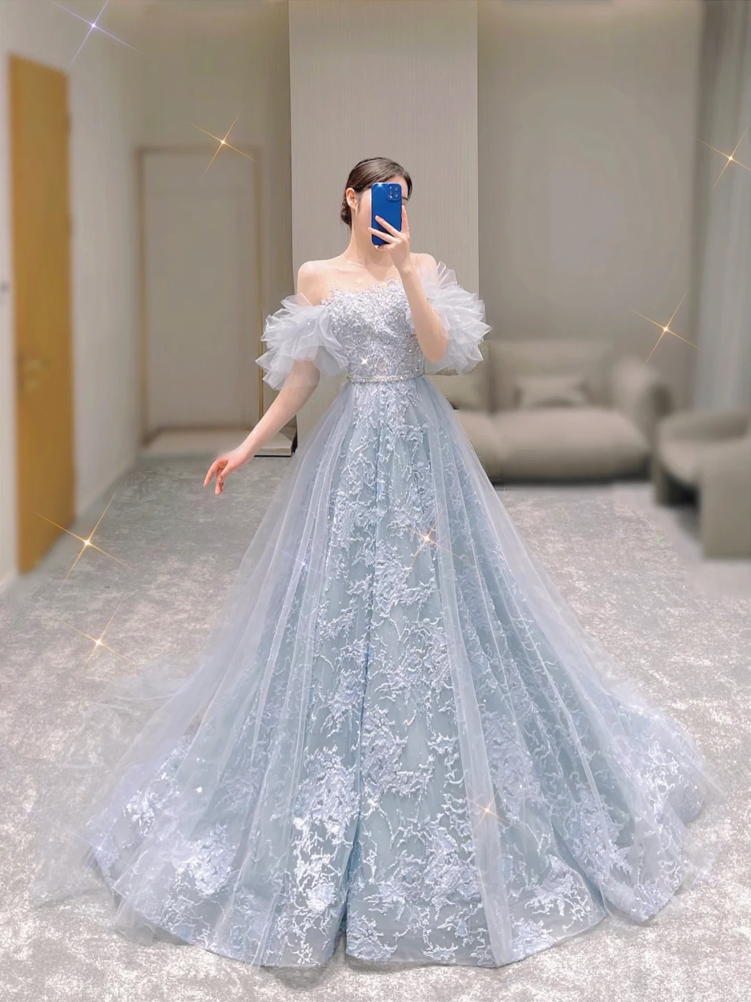 Elegante vestido de fiesta con hombros descubiertos de tul azul, para fiesta de cumpleaños, baile, graduación, DP497